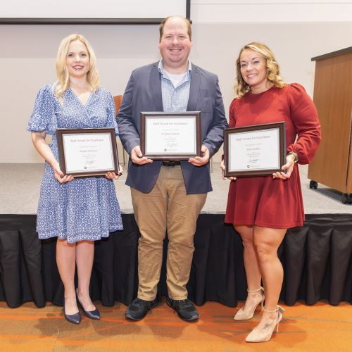 Waubonsee 2026 Support Staff Award Winners Meghan Edmonson, Graphic Design Coordinator; Dr. Robert Galuski, Learning Resource Center Manager; and Emily Rollins, Community Engagement Manager