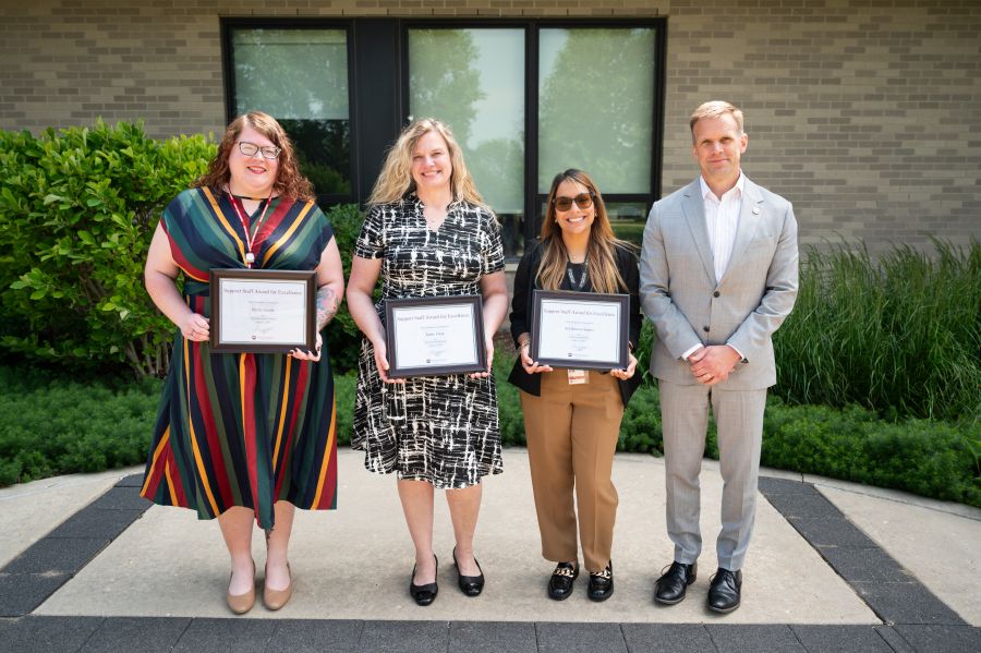 Waubonsee 2025 Support Staff Award Winners Becky Goode, Jamie Feiza and Sol Briceno-Santos presented by Dr. Brian Knetl