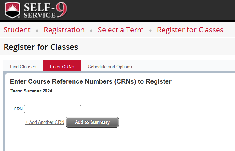 Banner 9 Self-Service screenshot - Registration - Register for Classes - Enter CRNs