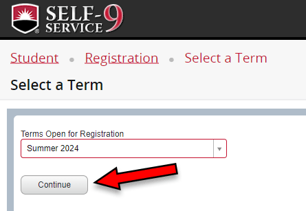 Banner 9 Self-Service screenshot - Registration - Register for Classes - Select a Term