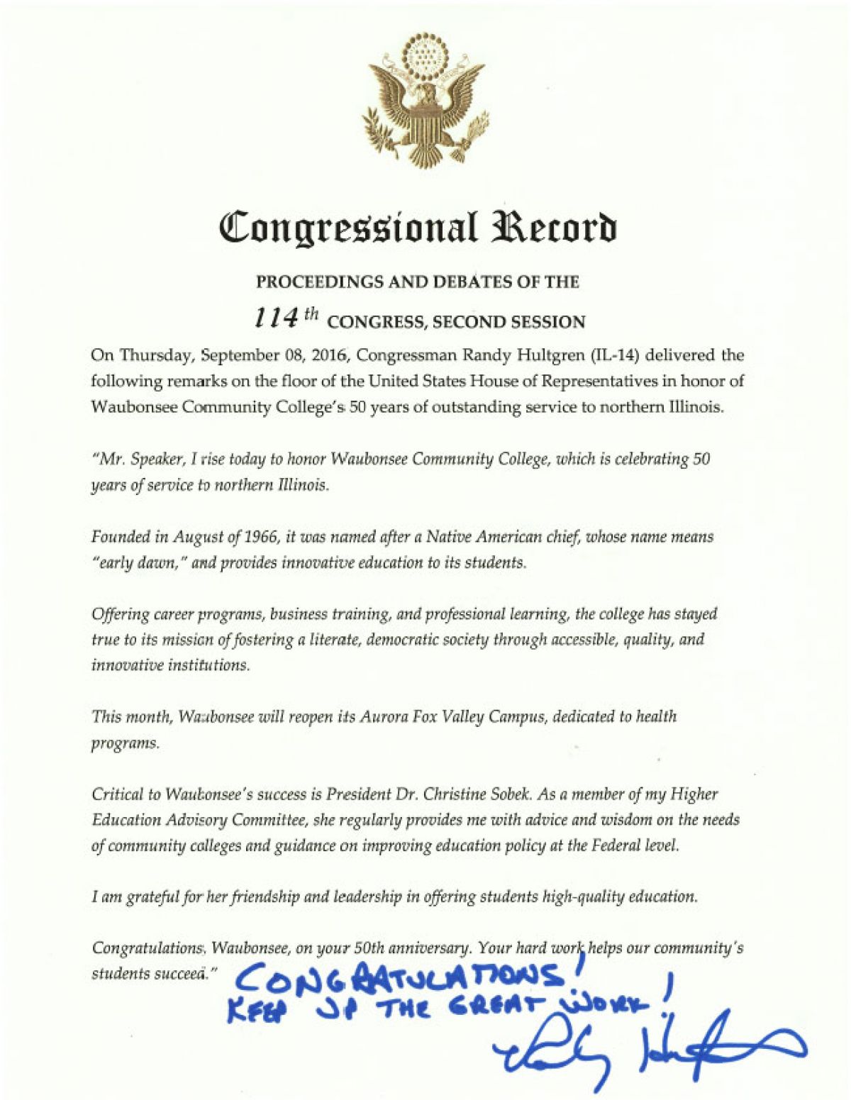 Proclamations & Congressional Records | Waubonsee Community College