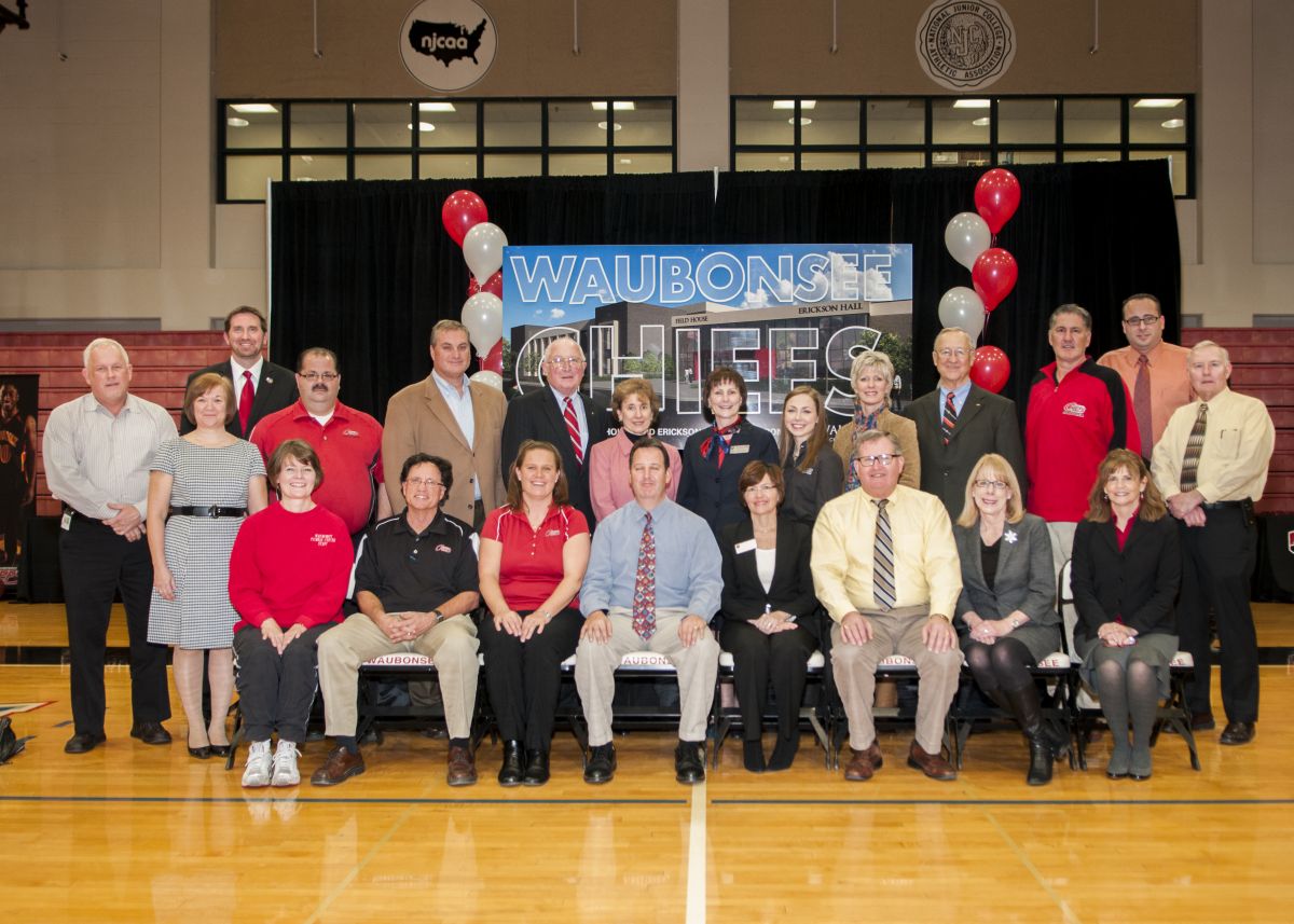 Dr. Sobek, trustees, and employees at the ceremonial groundbreaking for Waubonsee's Field House in 2013.