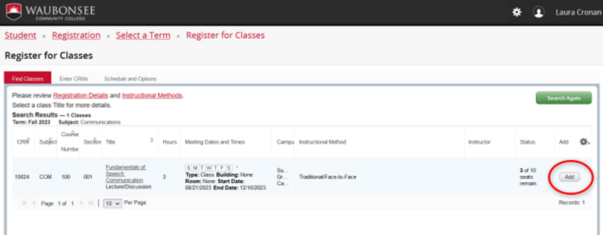 Banner 9 Self-Service screenshot - Registration - Register for Classes - Class List