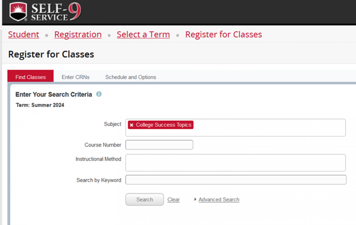 Banner 9 Self-Service screenshot - Registration - Register for Classes - Find Classes