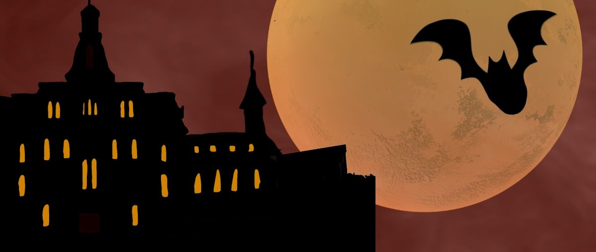 cartoon style bat flying in front of moon and buildings at night