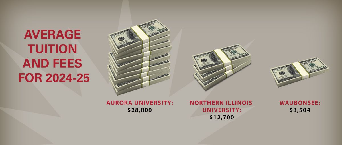 Average Tuition and Fees for 2024-25:  Aurora University: $28,800; NIU: $12,700; Waubonsee: $3,504