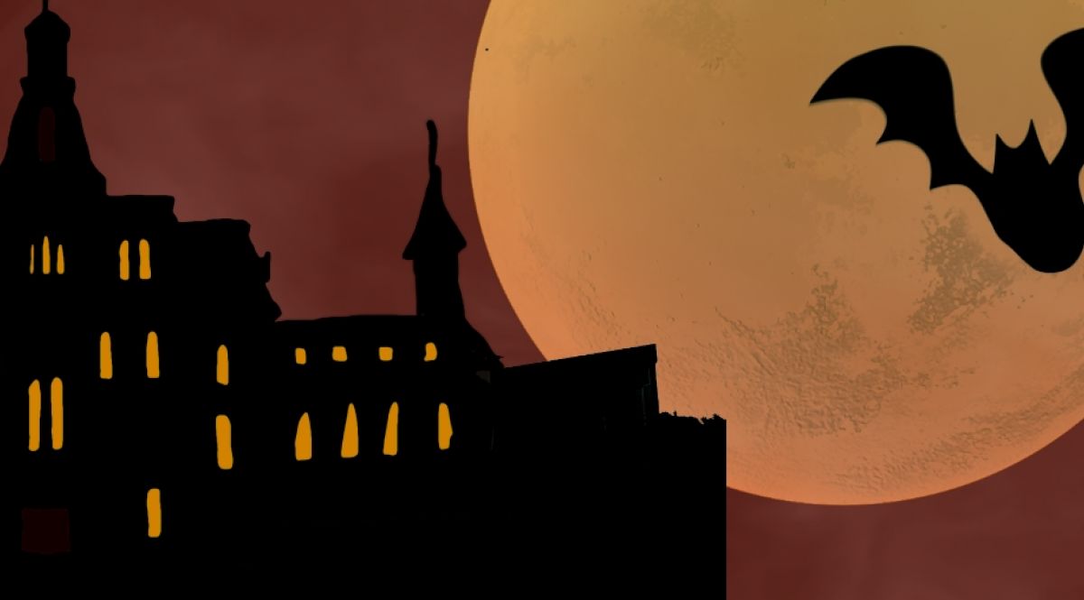 cartoon style bat flying in front of moon and buildings at night