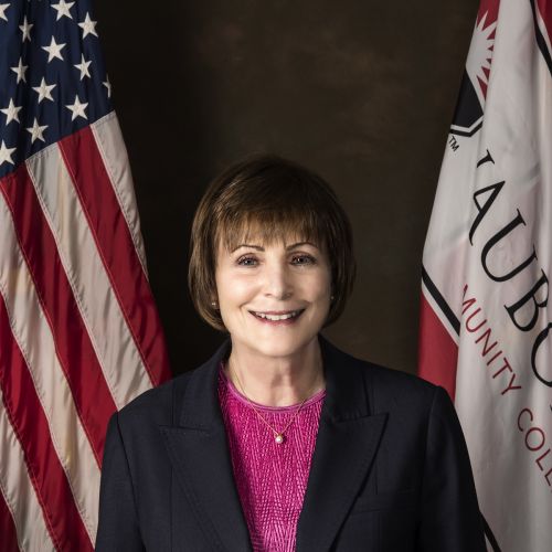 Dr. Sobek standing in front of flags