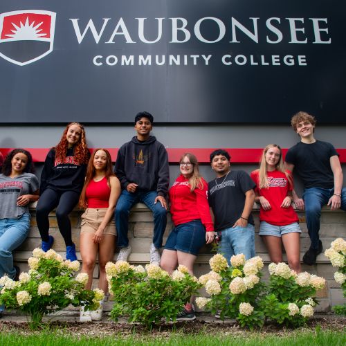 Students standing in front of Waubonsee sign in summer