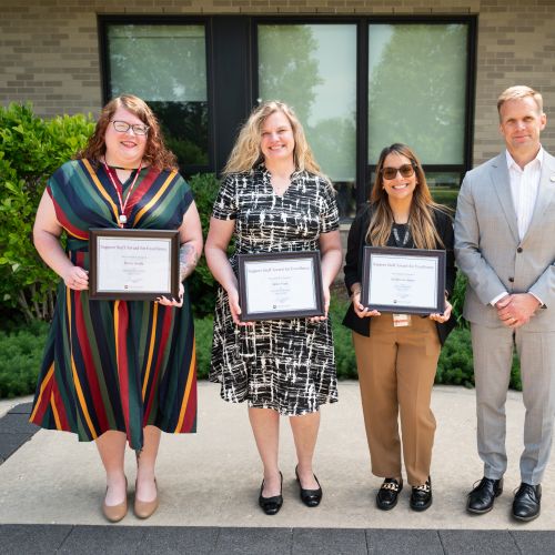 Waubonsee 2025 Support Staff Award Winners Becky Goode, Jamie Feiza and Sol Briceno-Santos presented by Dr. Brian Knetl